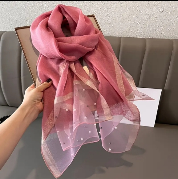 Scarf Elegant Watermelon Red Pearl-Embellished with Gold Accent - Picture 1 of 4